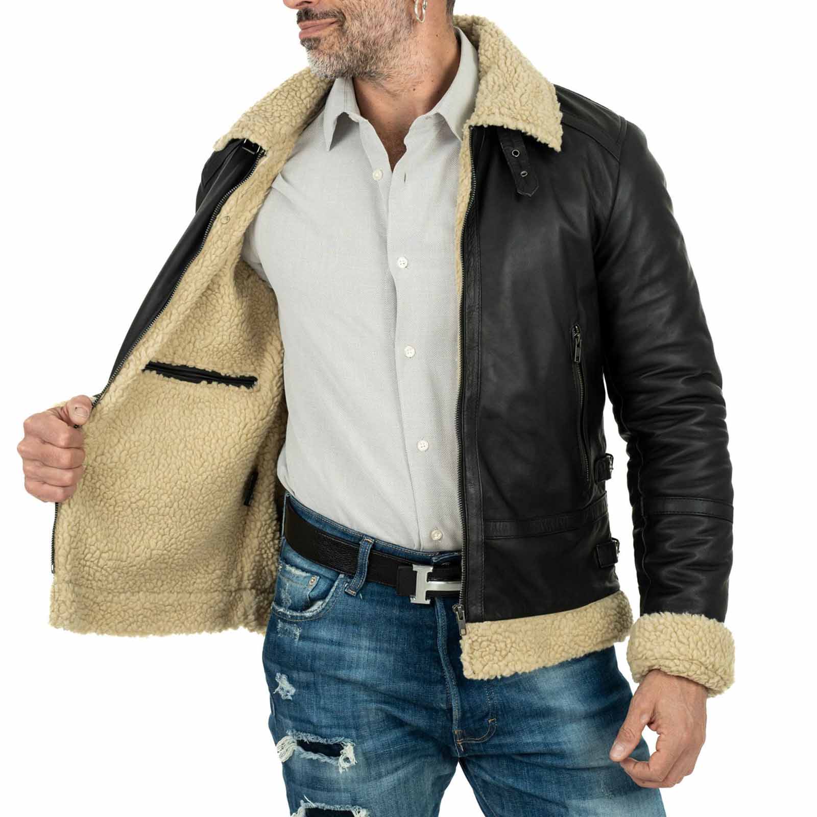 Men's Black Genuine Leather Biker Jacket with Black Interior, Slim Fit, Shearling Style, Buckle Collar Rindway