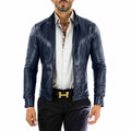 Men's Blue Real Leather Biker Jacket Slim Front Stitching Rindway