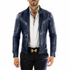 Men's Blue Real Leather Biker Jacket Slim Front Stitching Rindway