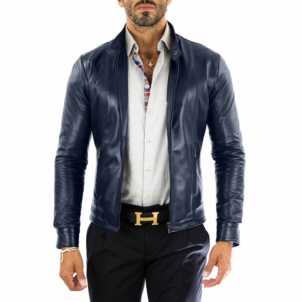 Men's Slim Fit Brown Genuine Leather Biker Jacket Front Stitching Rindway