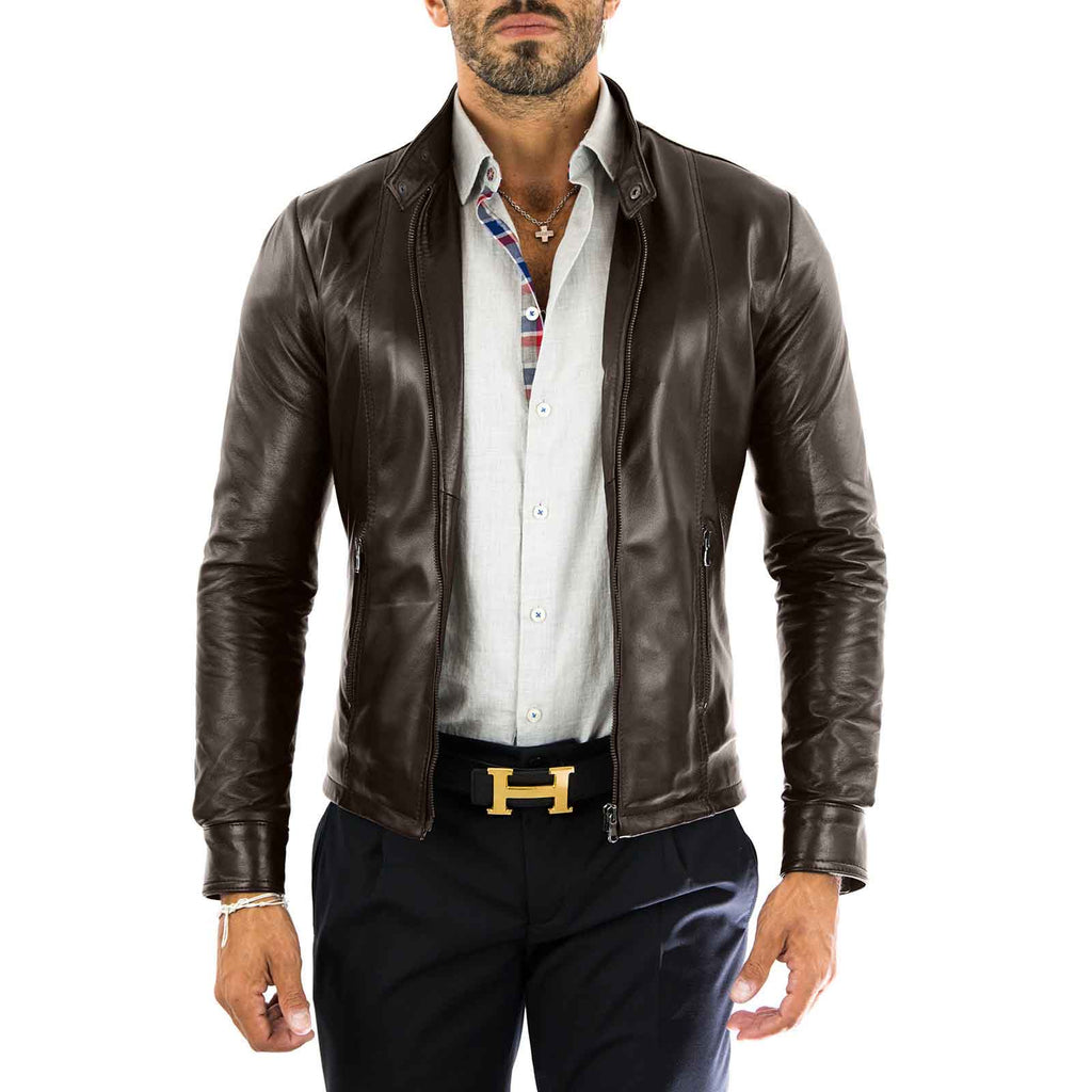Men's Blue Real Leather Biker Jacket Slim Front Stitching Rindway