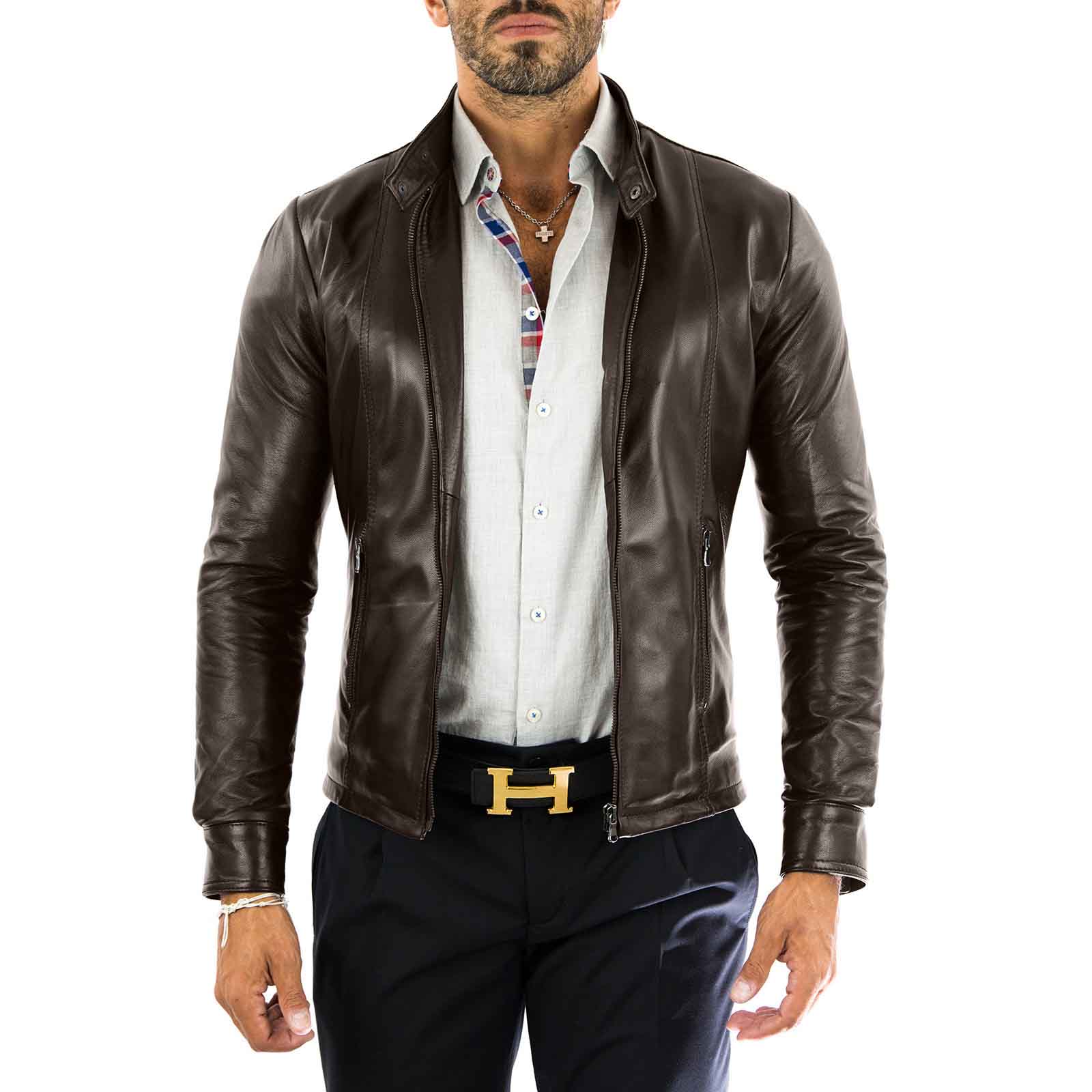 Men's Blue Real Leather Biker Jacket Slim Front Stitching Rindway