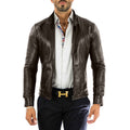 Men's Slim Fit Brown Genuine Leather Biker Jacket Front Stitching Rindway