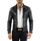 Men's Blue Real Leather Biker Jacket Slim Front Stitching Rindway