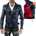 Men's Slim Fit Black Genuine Leather Biker Jacket with Red Lining Rindway