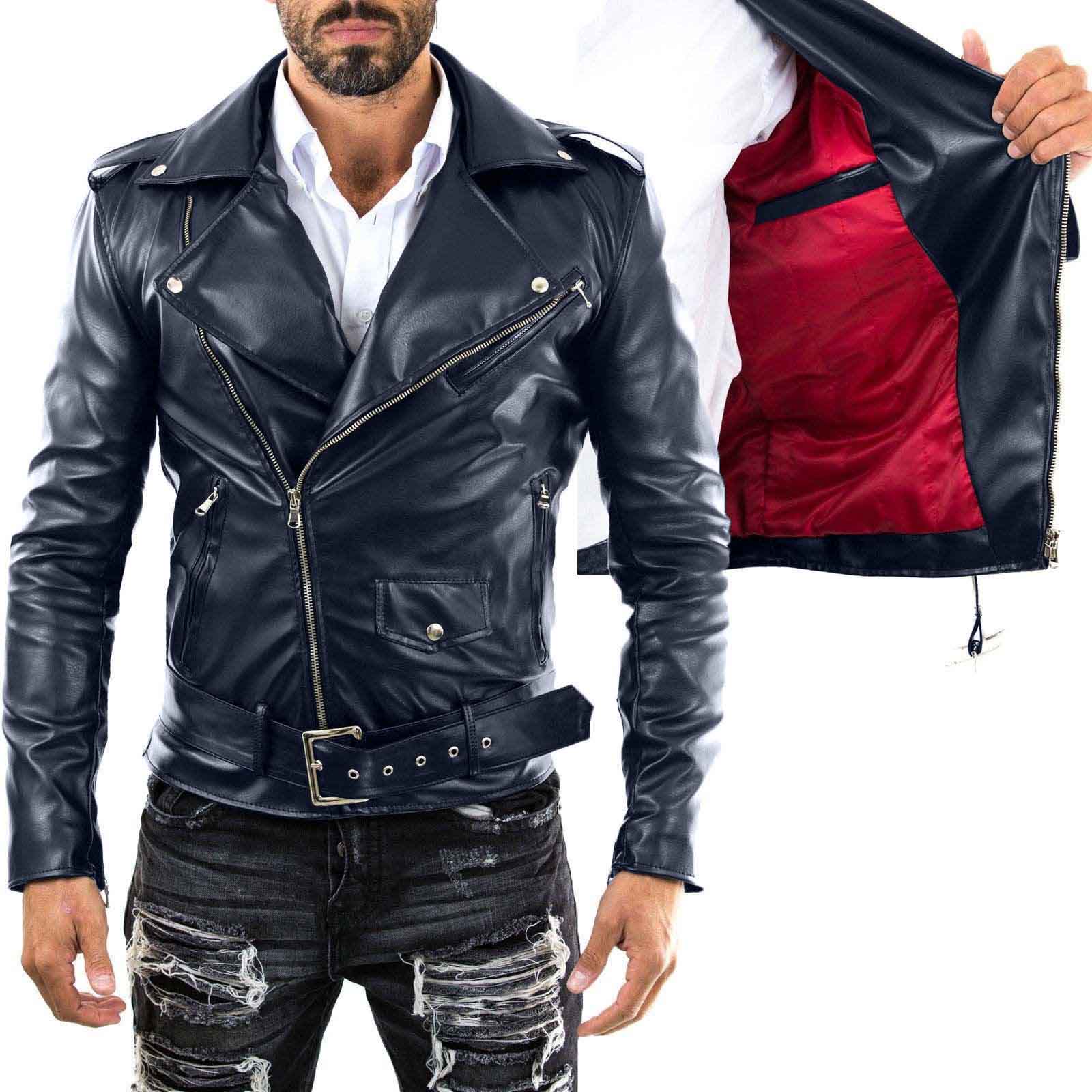 Men's Slim Fit Black Genuine Leather Biker Jacket with Red Lining Rindway