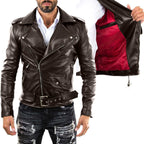 Men's Slim Fit Black Genuine Leather Biker Jacket with Red Lining Rindway
