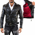Men's Slim Fit Black Genuine Leather Biker Jacket with Red Lining Rindway