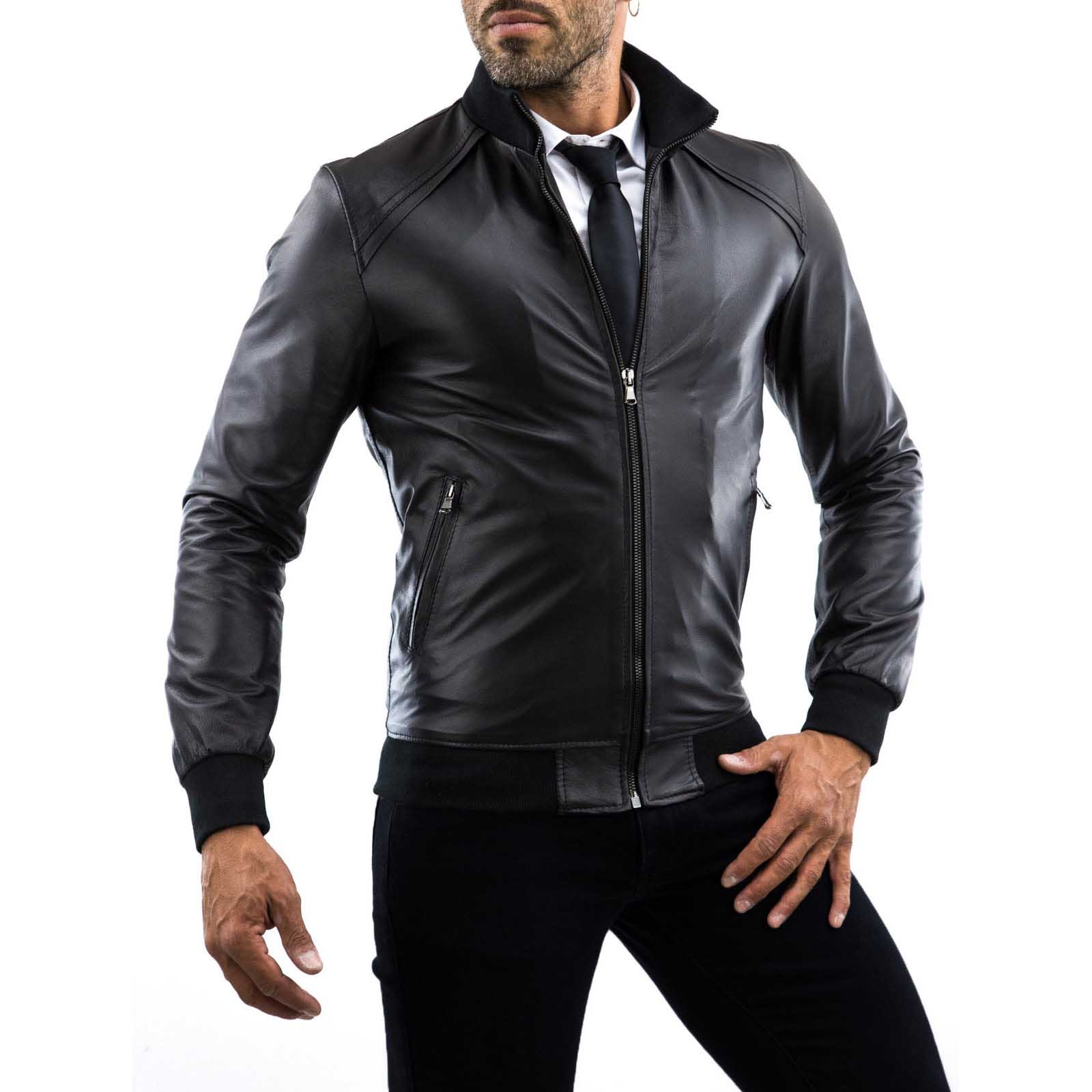 Rindway Men's Slim Black Genuine Leather Bomber Jacket with Shoulder Detail