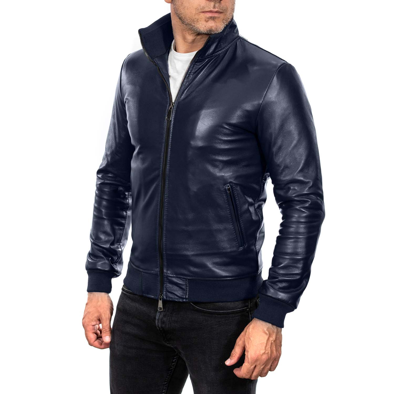 Men's Black Genuine Leather Bomber Jacket with Ribbed and Leather Collar Rindway