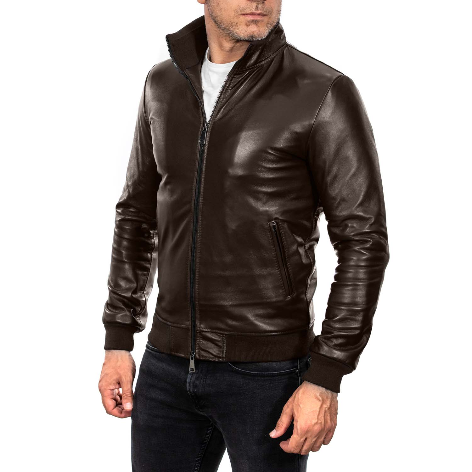 Men's Black Genuine Leather Bomber Jacket with Ribbed and Leather Collar Rindway