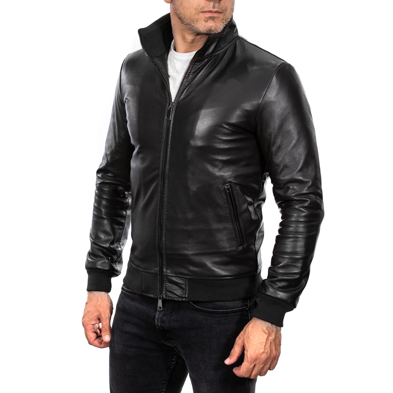 Men's Black Genuine Leather Bomber Jacket with Ribbed and Leather Collar Rindway