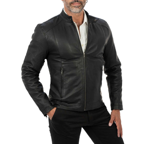 Rindway Men's Slim Fit Black Genuine Leather Biker Jacket with Front Stitching