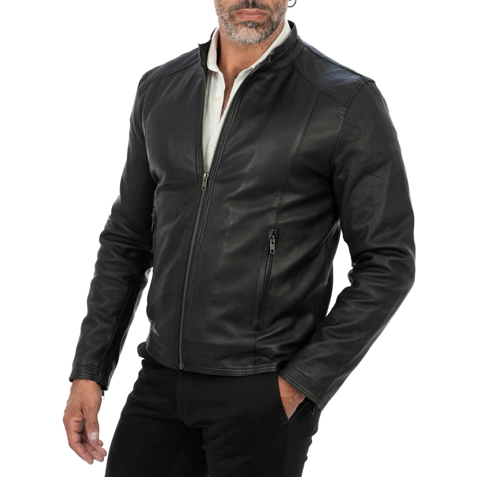 Rindway Men's Slim Fit Black Genuine Leather Biker Jacket with Front Stitching