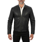 Giacca Biker In Vera Pelle Nera Uomo Slim Con Impunture Frontali Rindway
