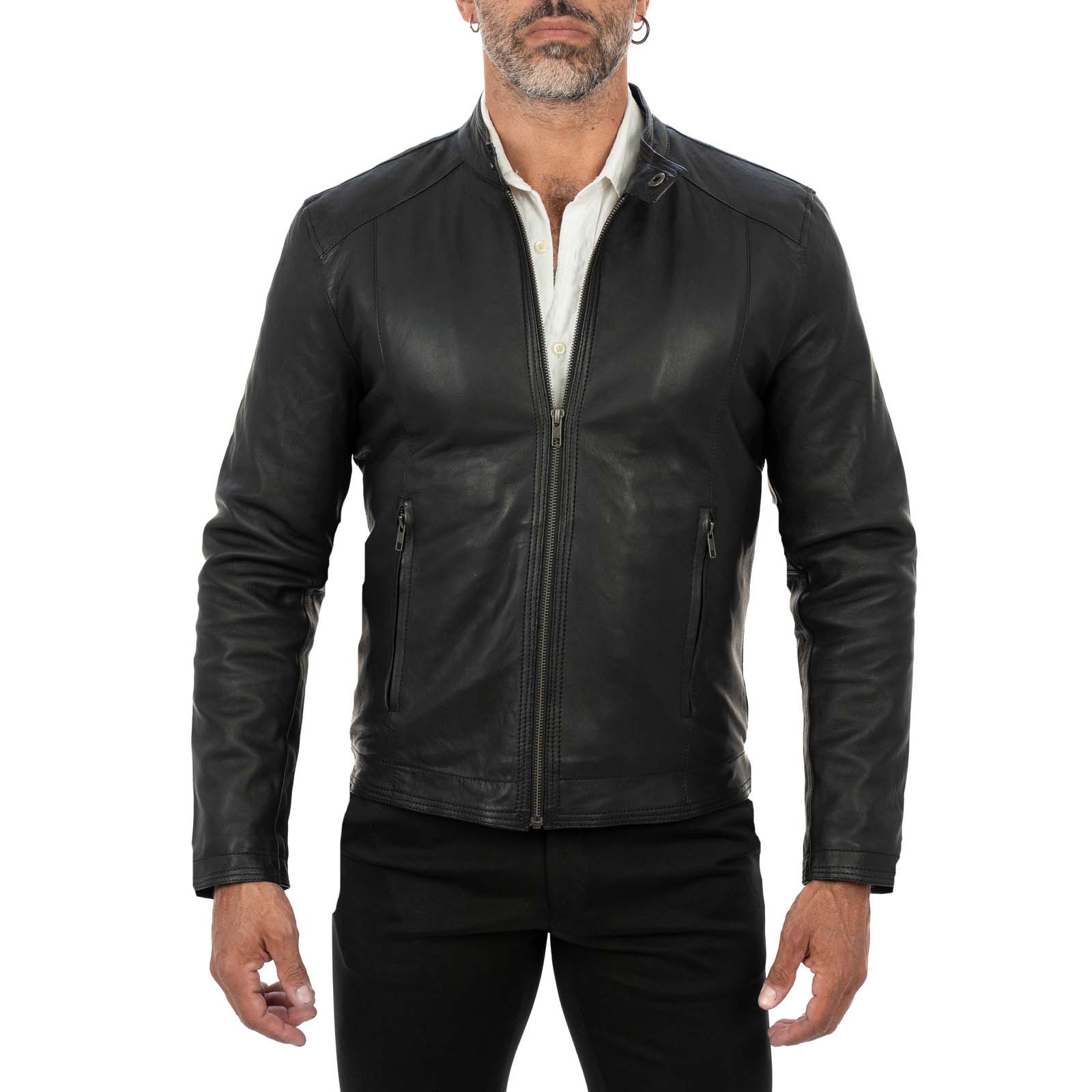 Rindway Men's Slim Fit Black Genuine Leather Biker Jacket with Front Stitching