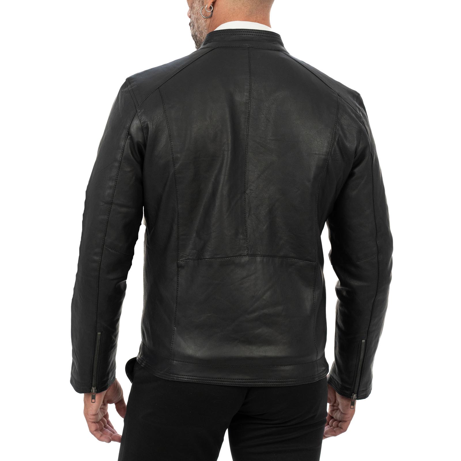 Rindway Men's Slim Fit Black Genuine Leather Biker Jacket with Front Stitching