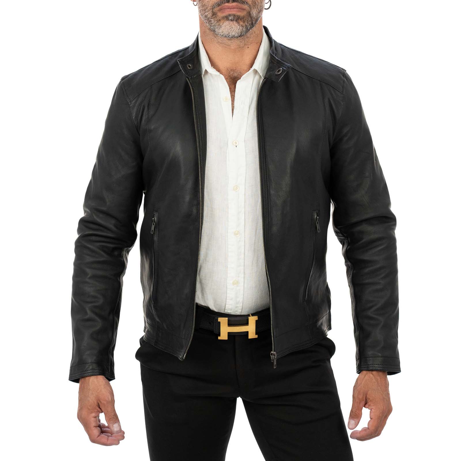 Rindway Men's Slim Fit Black Genuine Leather Biker Jacket with Front Stitching
