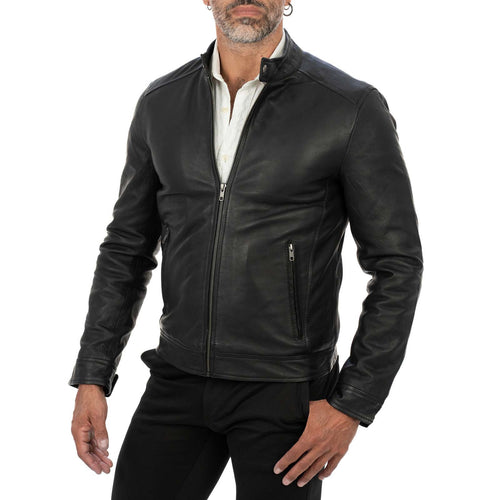 Rindway Men's Slim Fit Black Genuine Leather Biker Jacket with Mandarin Collar