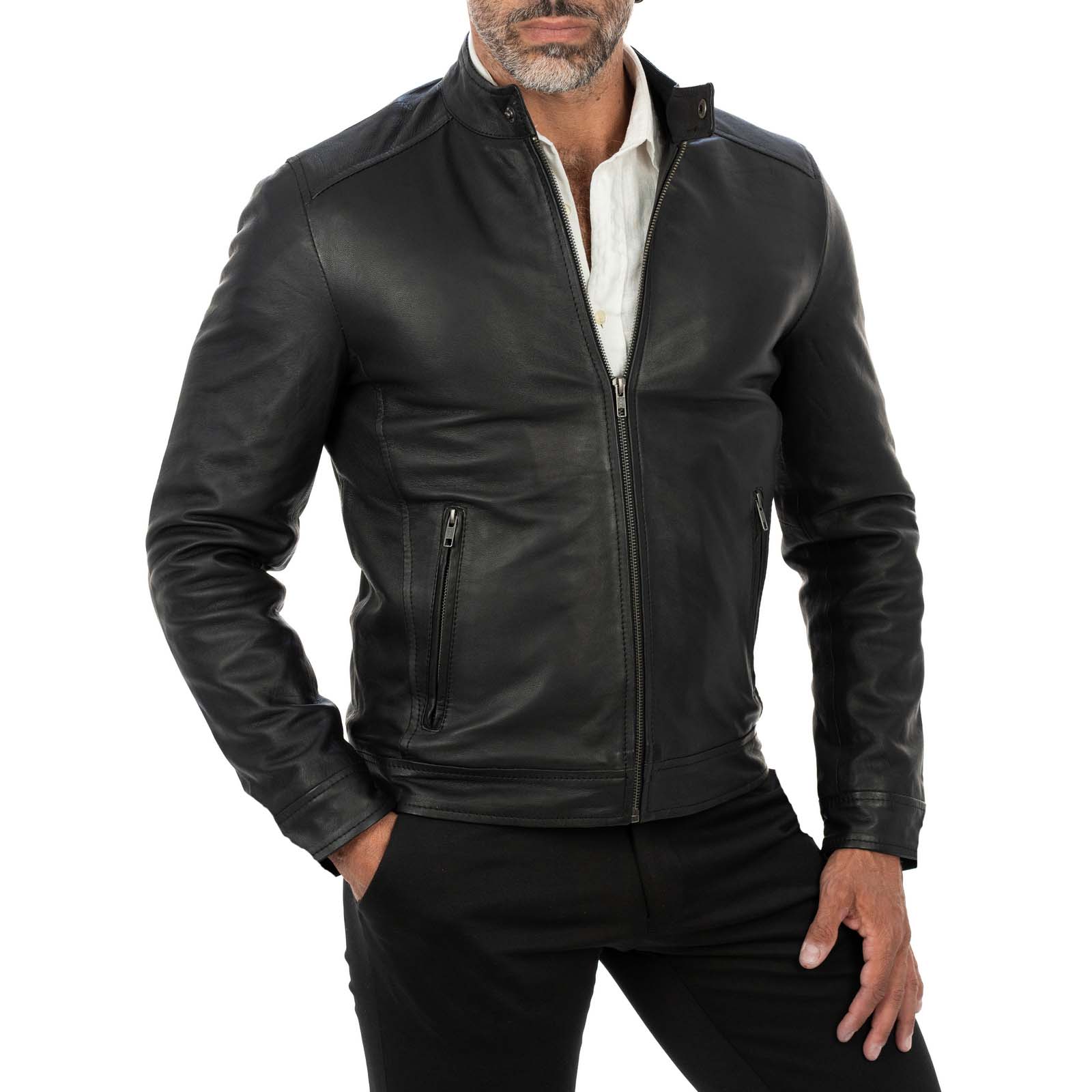 Rindway Men's Slim Fit Black Genuine Leather Biker Jacket with Mandarin Collar