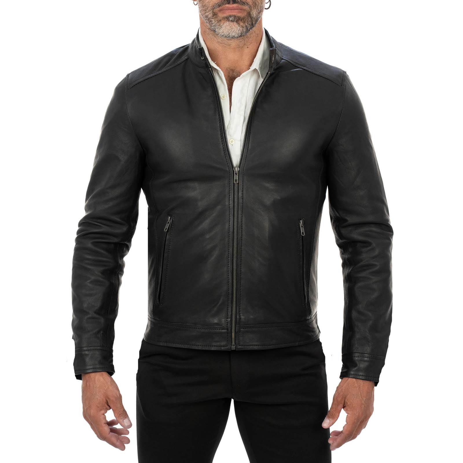 Rindway Men's Slim Fit Black Genuine Leather Biker Jacket with Mandarin Collar