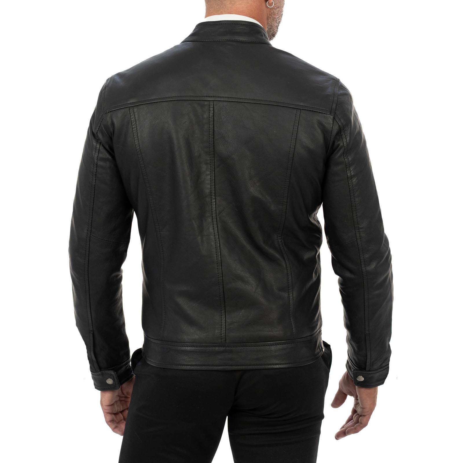 Rindway Men's Slim Fit Black Genuine Leather Biker Jacket with Mandarin Collar