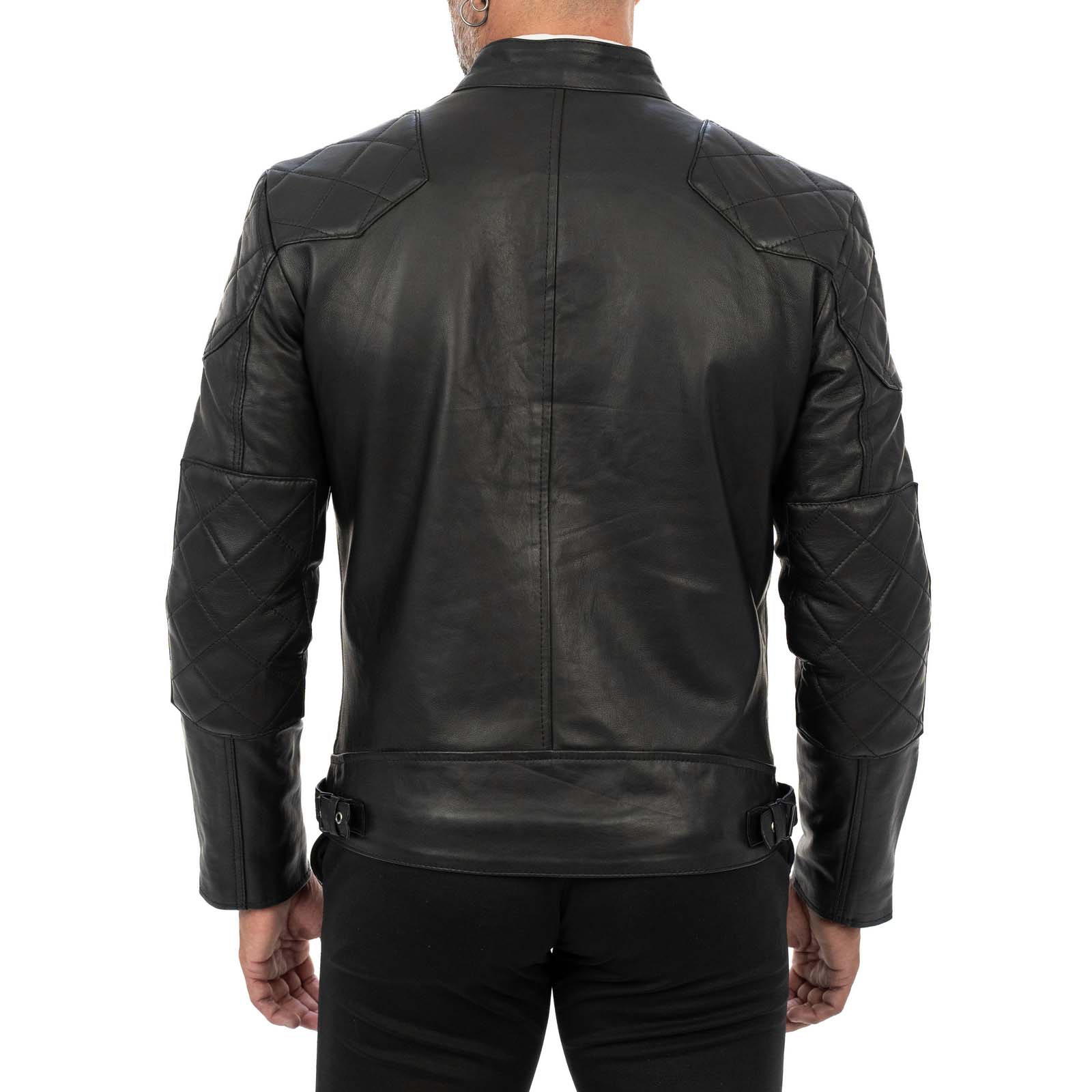 Men's Slim Fit Black Genuine Leather Biker Jacket with Diamond Quilting on Shoulders and Elbows Rindway