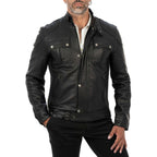 Giacca Biker In Vera Pelle Nera Uomo Slim Chiusura Principale Cerniera E Patta Rindway