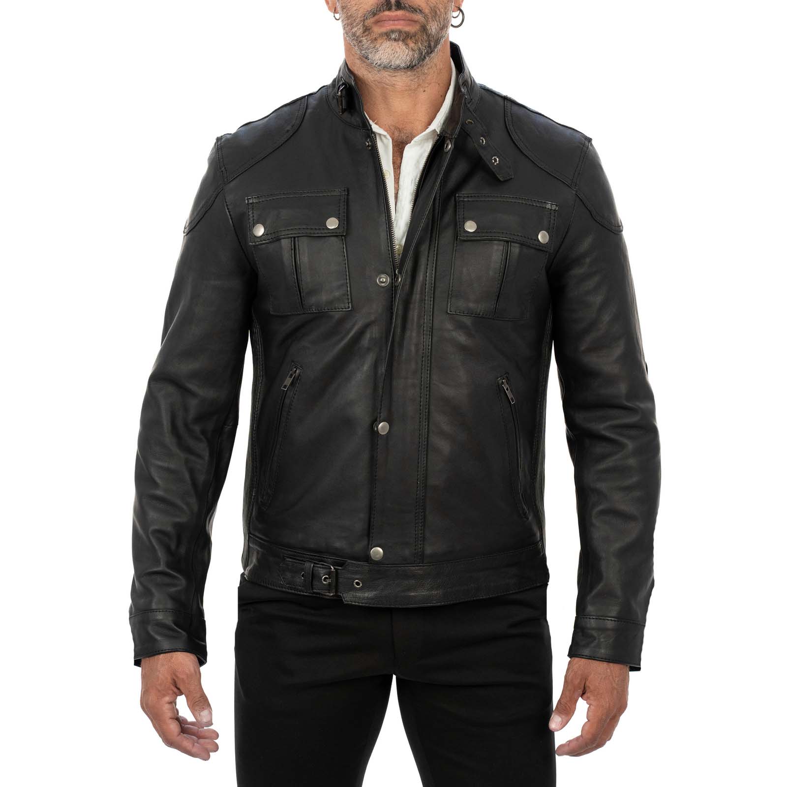 Men's Black Genuine Leather Slim Biker Jacket Zip Fastening and Storm Flap Rindway