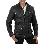 Men's Black Genuine Leather Long Jacket Slim Fit with Large Pockets and Waist Belt Rindway