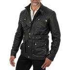 Men's Black Genuine Leather Long Jacket Slim Fit with Large Pockets and Waist Belt Rindway