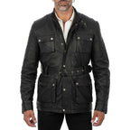 Men's Black Genuine Leather Long Jacket Slim Fit with Large Pockets and Waist Belt Rindway
