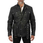 Men's Black Genuine Leather Long Jacket Slim Fit with Large Pockets and Waist Belt Rindway