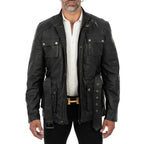 Men's Black Genuine Leather Long Jacket Slim Fit with Large Pockets and Waist Belt Rindway