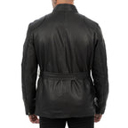 Men's Black Genuine Leather Long Jacket Slim Fit with Large Pockets and Waist Belt Rindway
