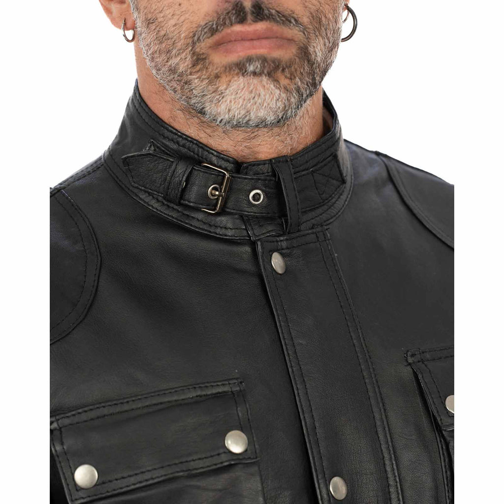 Giaccone Giacca Lungo In Vera Pelle Nera Uomo Slim Con Tasconi e Cintura Vita Rindway