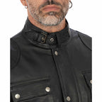 Men's Black Genuine Leather Long Jacket Slim Fit with Large Pockets and Waist Belt Rindway