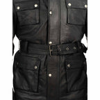 Men's Black Genuine Leather Long Jacket Slim Fit with Large Pockets and Waist Belt Rindway