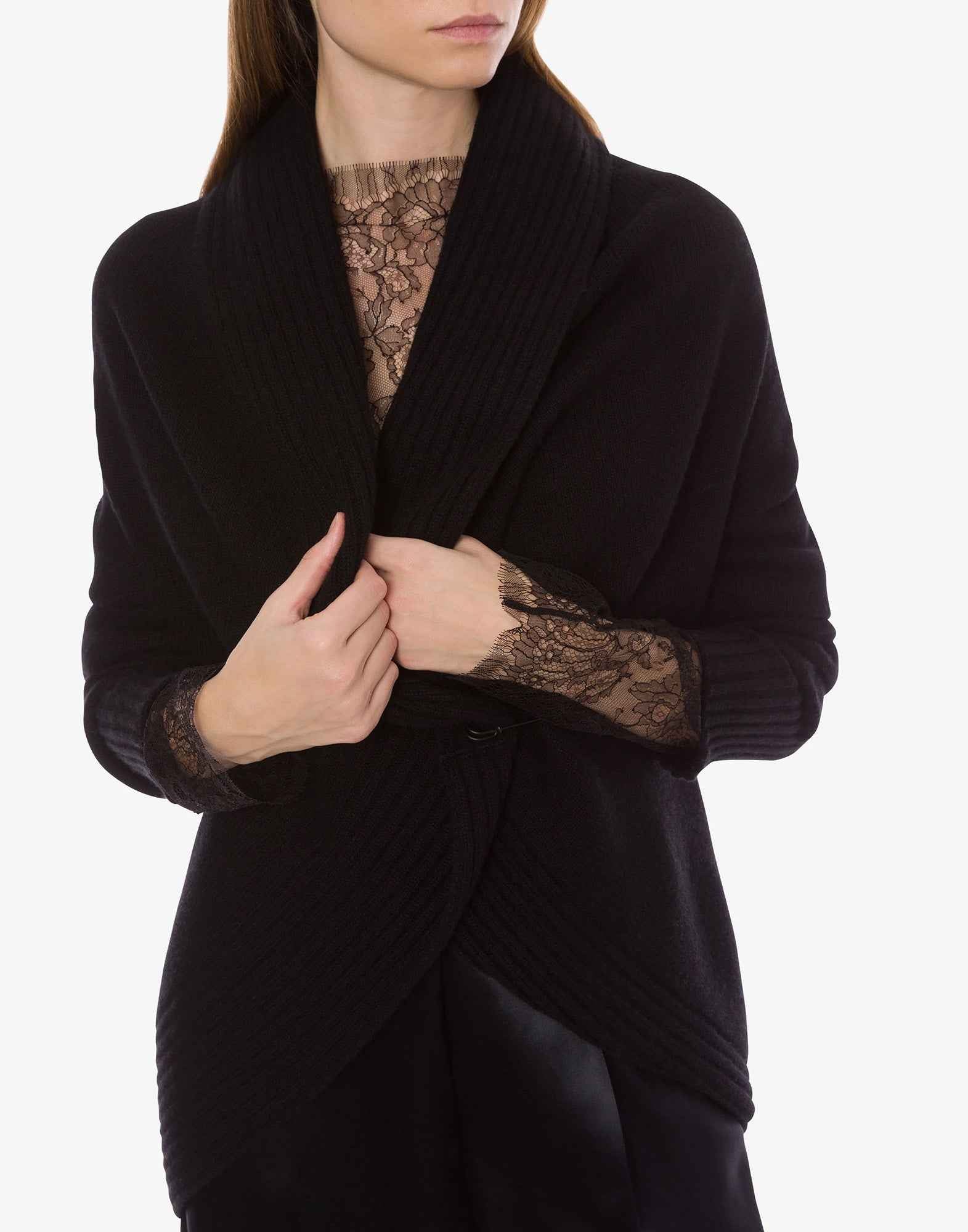 ALBERTA FERRETTI Cardigan in Lana Merino, Cashmere e Seta con Spilla Nero