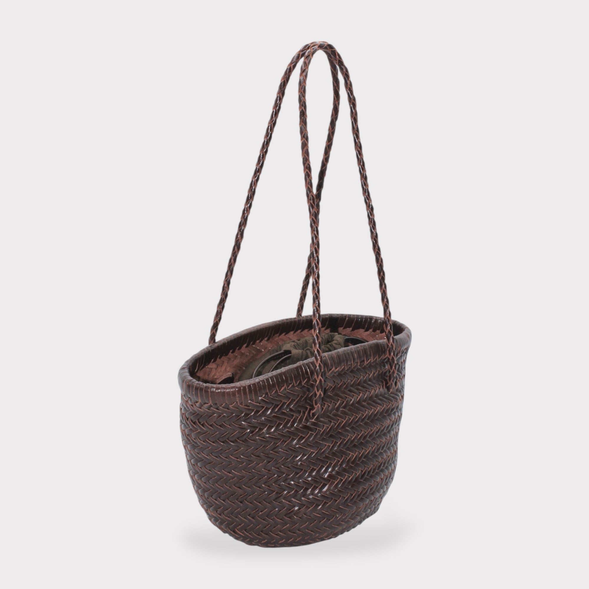 Carmel- Hand Woven Leather Shoulder Bucket Bag Chocolate