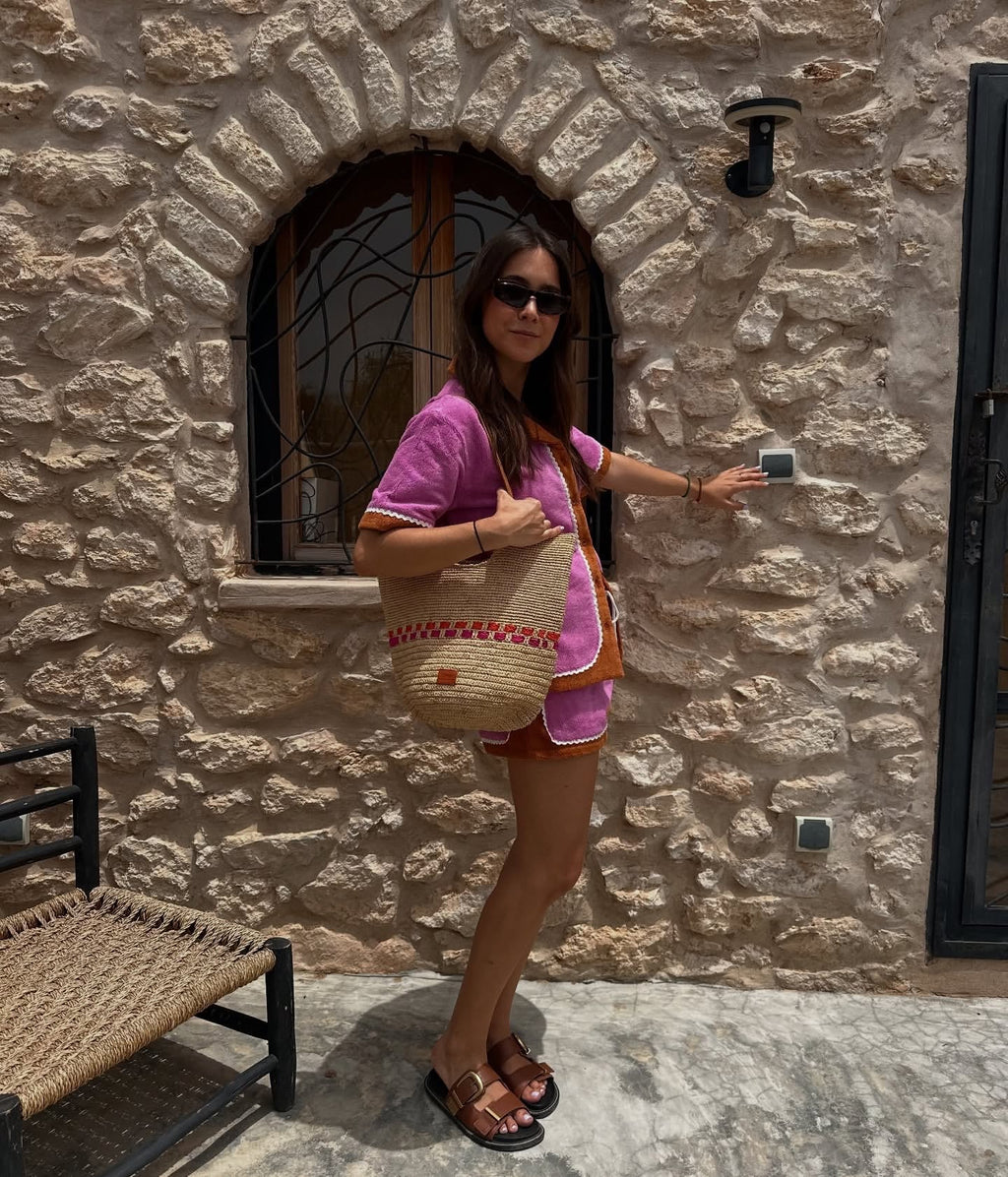 Zola - Handmade Natural Raffia Tote Bag Fuchsia and Orange