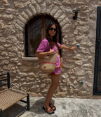 Zola - Handmade Natural Raffia Tote Bag Fuchsia and Orange