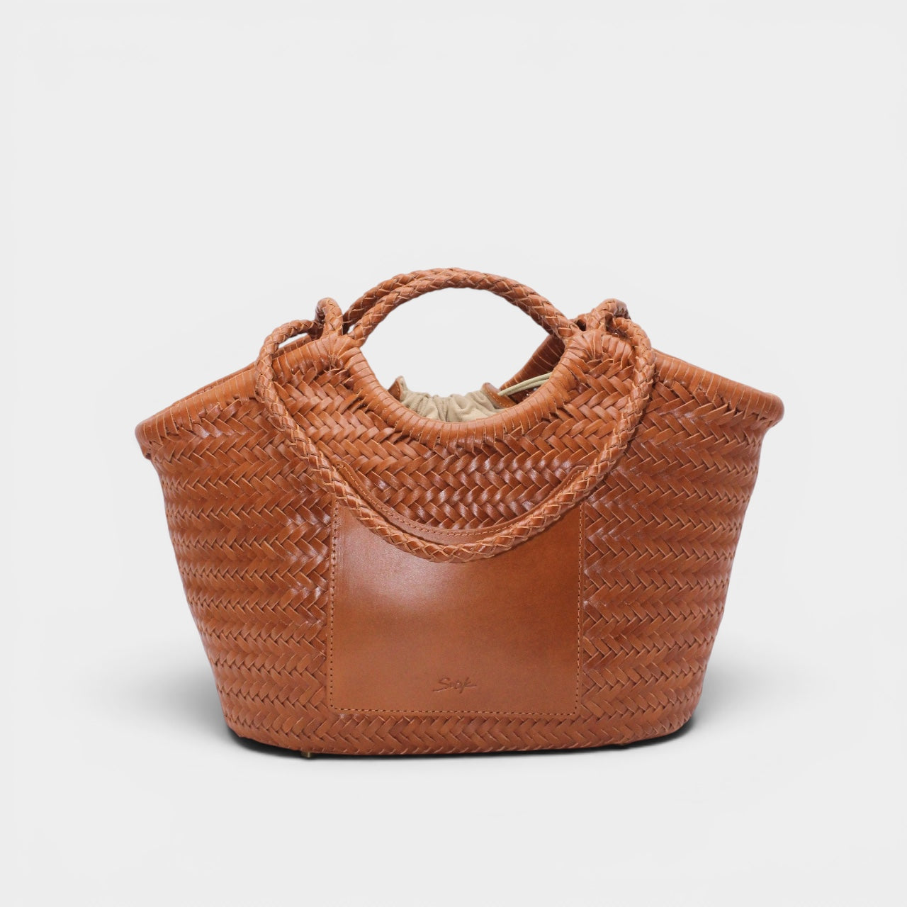 Celia-Handmade Woven Top Grain Leather Bag Caramel Color