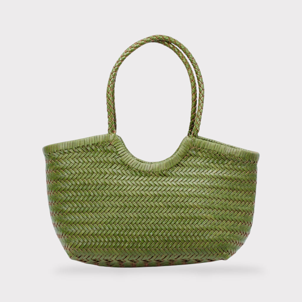 Carmel - Genuine Leather U Shape Handwoven Tote Bag Green