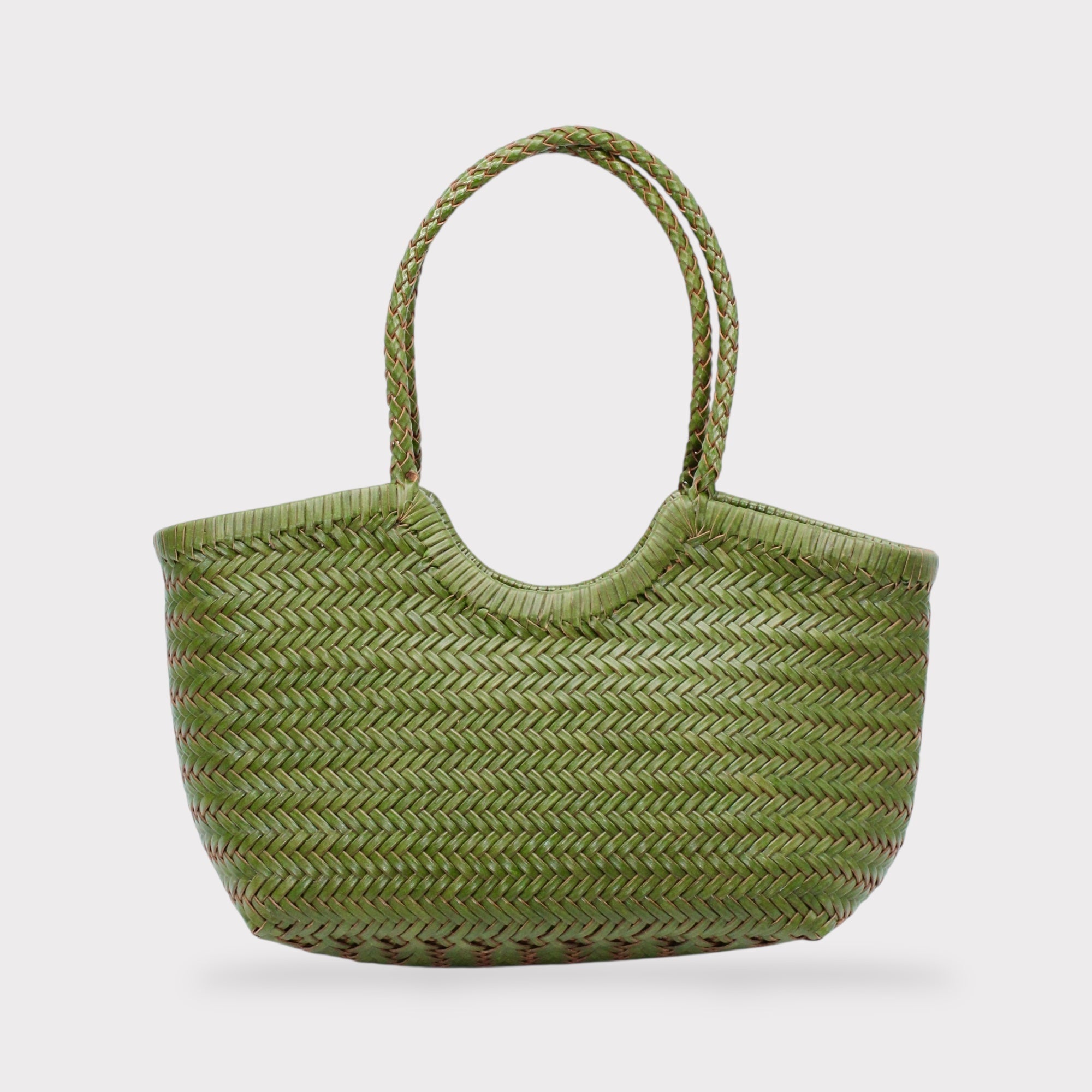 Carmel - Genuine Leather U Shape Handwoven Tote Bag Green