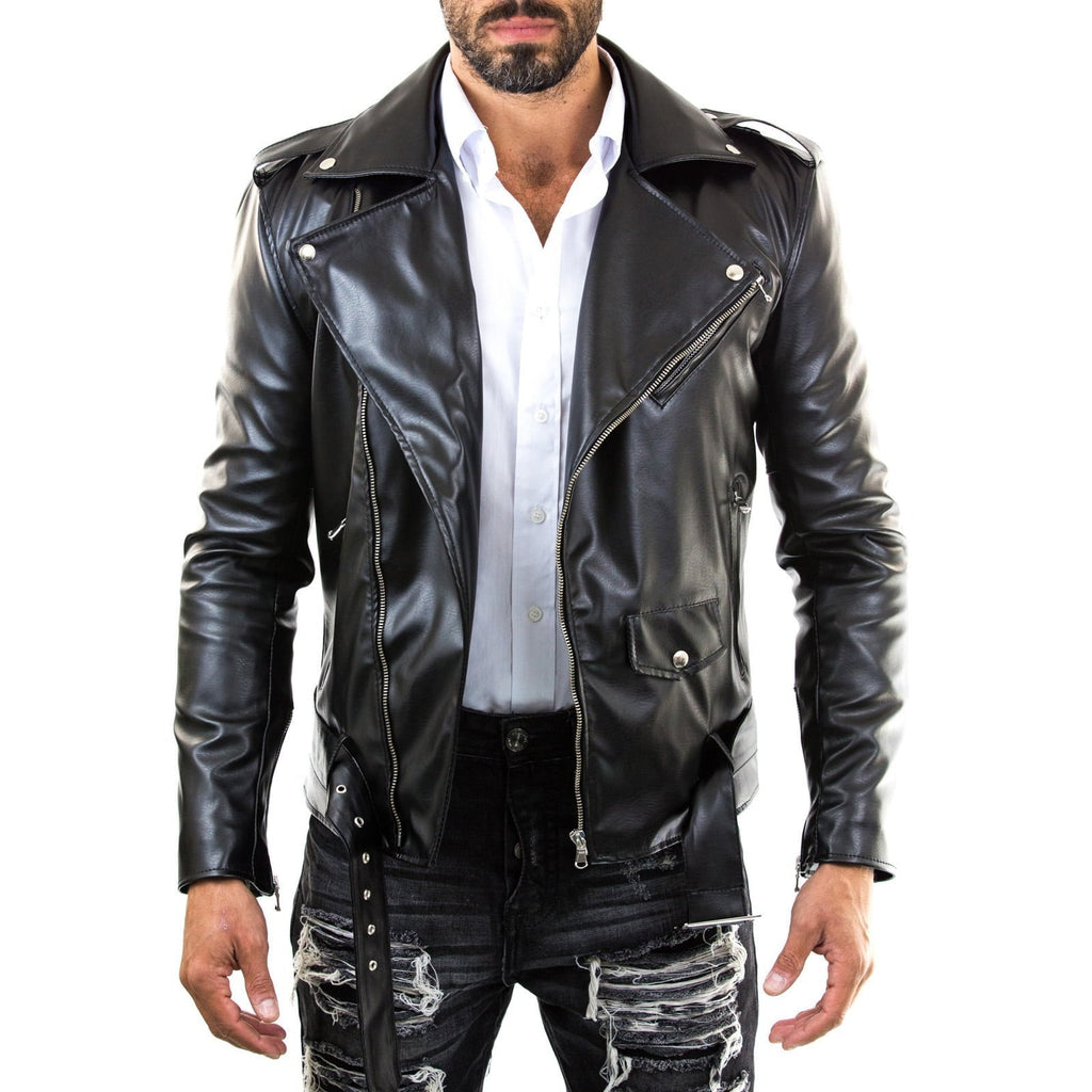 Men's Slim Fit Black Genuine Leather Biker Jacket with Red Lining Rindway
