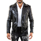 Men's Slim Fit Black Genuine Leather Biker Jacket with Red Lining Rindway