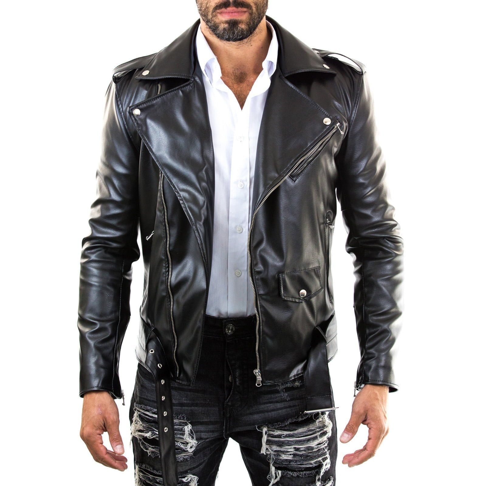 Men's Slim Fit Black Genuine Leather Biker Jacket with Red Lining Rindway
