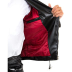 Men's Slim Fit Black Genuine Leather Biker Jacket with Red Lining Rindway