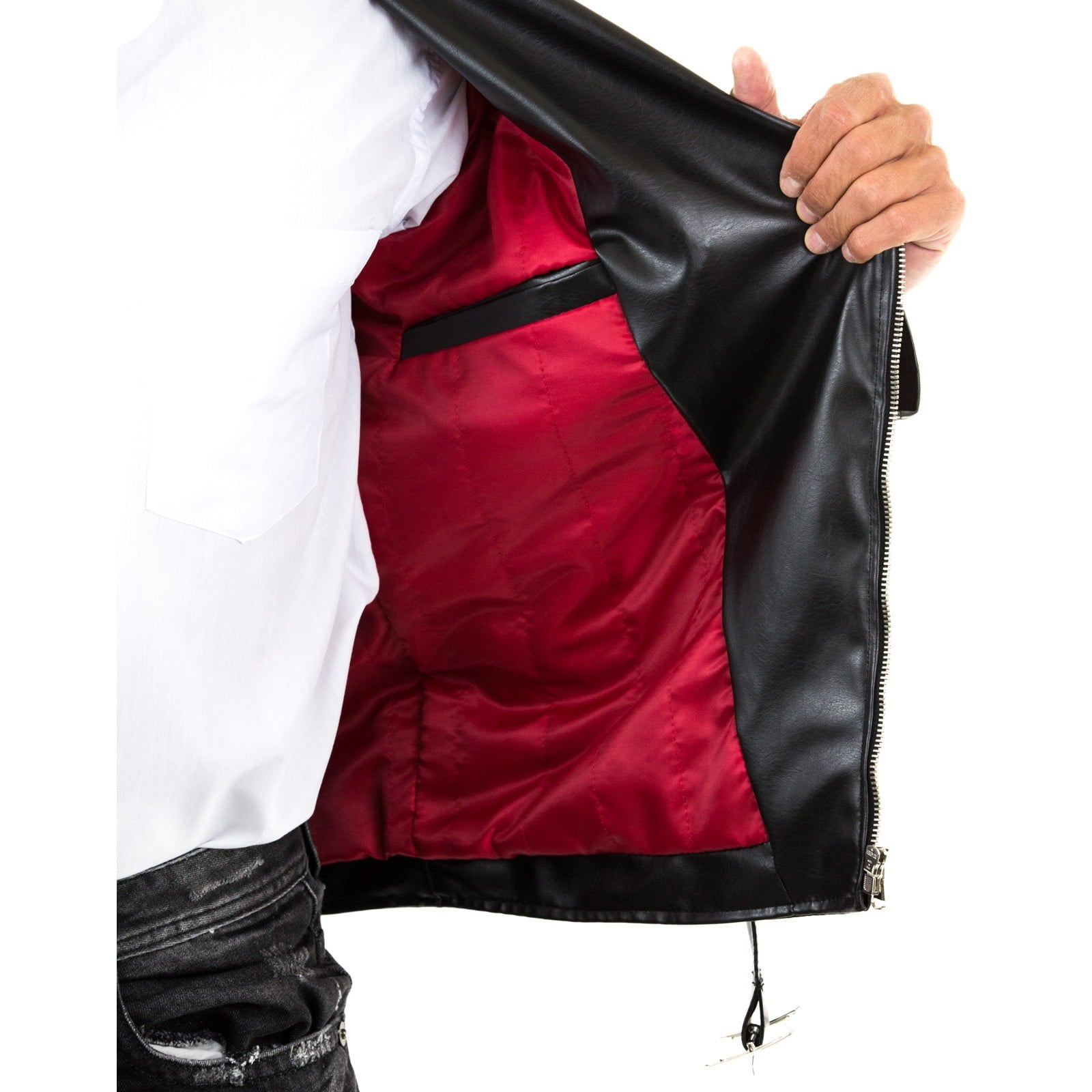 Men's Slim Fit Black Genuine Leather Biker Jacket with Red Lining Rindway